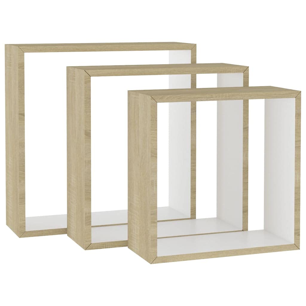 vidaXL Estantes de Cubos para Pared Repisa Flotante Balda Estantería Salón Sala de Estar Exhibición Colgante Decoración 3 Piezas Blanco y Roble Sonoma