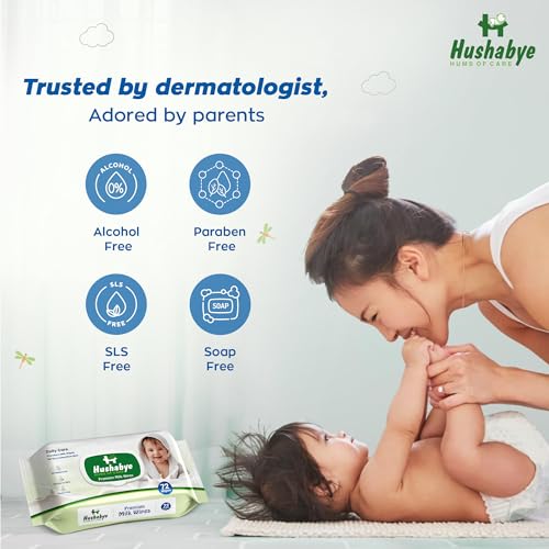 Image of Hushabye Premium Milk Baby Wipes with lid- 0+ Months, pH balanced, Paraben & Alcohol Free, Moisturising & Thick Wipes with purified Water, Gentle & soothing, 720pcs, Pack of 10