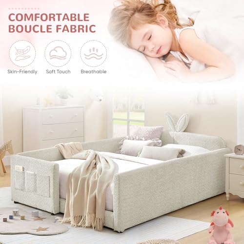 Image of Full Size Kids Bed with Rabbit Ear Headboard, Upholstered Boucle Fabric Full Daybed with Slats Support & Side Pockets, Space-Saving Wooden Corner Sofa Couch Bed Frame for Girls, Boys, Teenager(Beige)