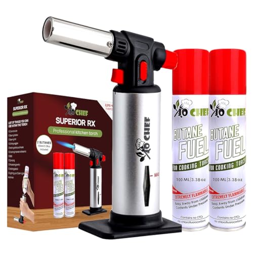 Jo Chef Kitchen Torch with Butane Included – Refillable butane torch Lighter with Safety Lock & Adjustable Flame, Culinary Blow Torch for Cooking, Creme Brulee and Soldering 2 Cans (3.38oz) Included