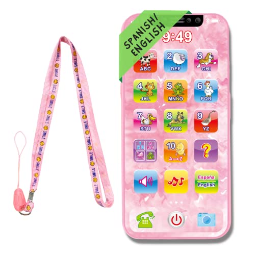 Image of ZeenKind Baby Phone Toy English & Spanish Learning for Toddlers 1 2 3 Years Old, Learn Spanish ABC Numbers Animal Sounds, Interactive Bilingual Cellphone Toy for Kids, Juguetes Educativos, Pink