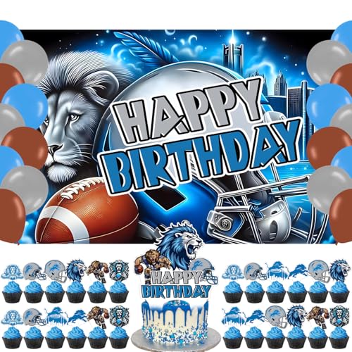 Detroit Football Happy Birthday Backdrop The Lion Soccer Banner Poster for Football Star Theme Party Decorations Birthday Supplies Background Studio Shoot Photo Props Booth