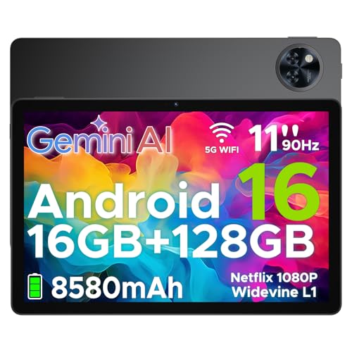 DOOGEE U11 Android 16 Tablet 11 Zoll Gemini AI 16GB RAM +128GB ROM (2TB TF), 8580mAh Gaming Tablet Unisoc T7200 Octa-Core, Widevine L1+13MP+5MP Tablets PC, 2.4G+5G WLAN GMS/3.5mm Audio/OTG/GPS/Face ID