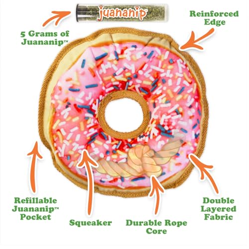Image of Doggijuana Pink Donut & Juananip Bundle | Squeaky Refillable Plush Toy | Refillable squeaky plush dog toy + organic calming catnip; eases anxiety, stress & storms; drug-free, hand-harvested