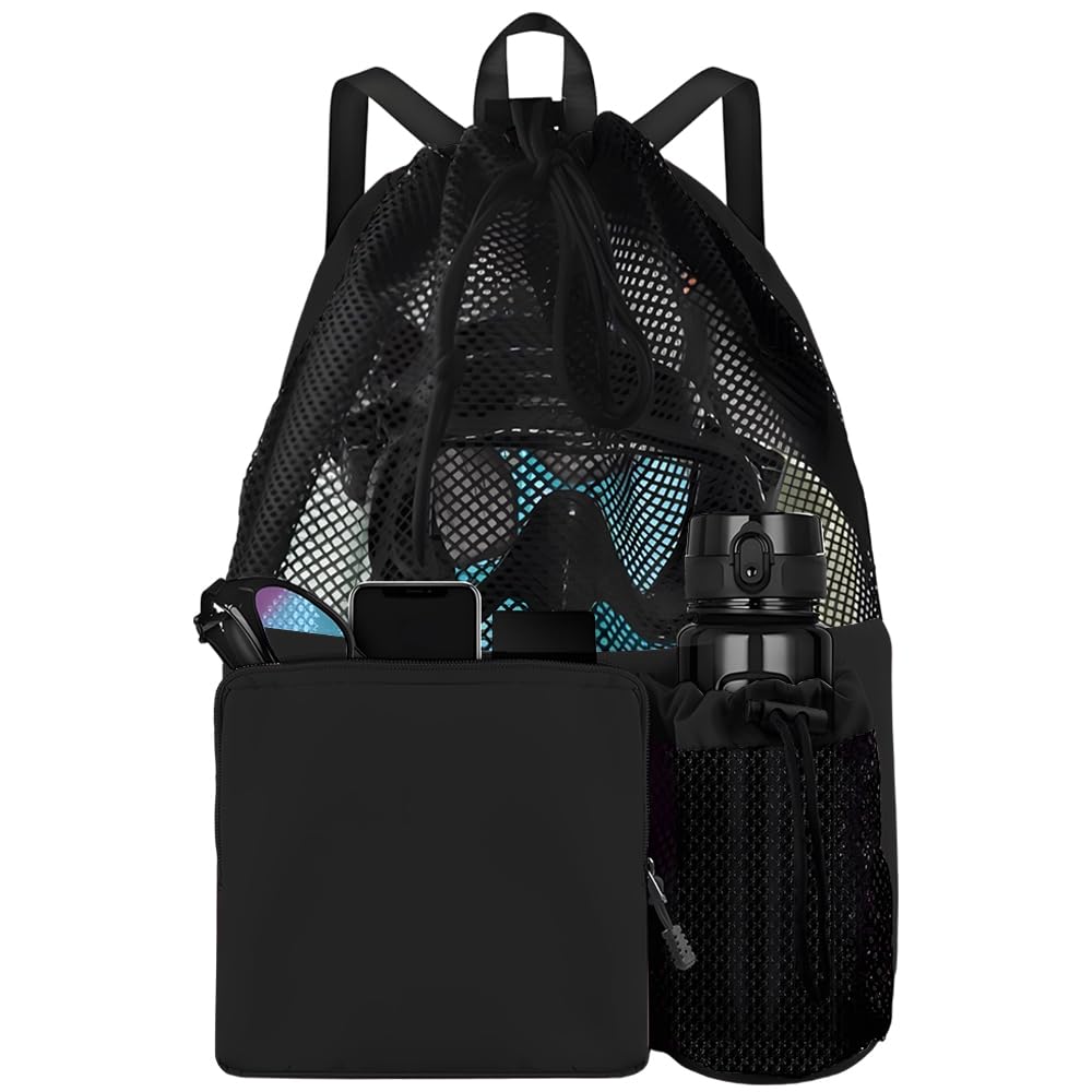 Jonuin Swimming Bag, Drawstring Mesh Swimming Bag, Waterproof Swimming Backpack with Wet Pocket, Swimming Kit Bags for Adults, Kids, Beach, Swimming, Yoga and Gym (Black)
