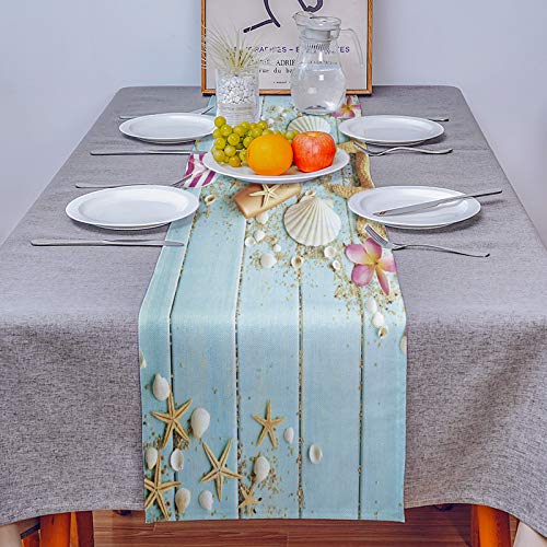 Lbdekor Beach Table Runner 108 Inch Long, Summer Seashell Starfish Table Runner For Kitchen Non-Slip Dining Table Runners, Burlap Dresser Scarves For Wedding Holiday Party Blue Tabletop Decor #TOP3