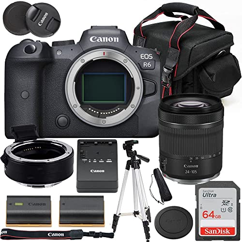 R6 Full Frame Mirrorless Camera with RF 24-105mm STM Lens Bundle + EOS R Mount Adapter + 64GB Ultra High Speed Memory Card + Accessories Including Extra Battery, Case and Tripod, Black (Renewed)
