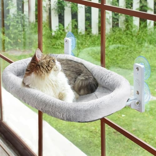 Beauenty Cat Window Perch Cordless Cat Hammock Foldable Cats Window Bed for Large Cats with 4 Strong Suction Cups Solid Metal Frame and Removable Bed Cover (Gray Cushion Bed Cover 30 x 60cm)