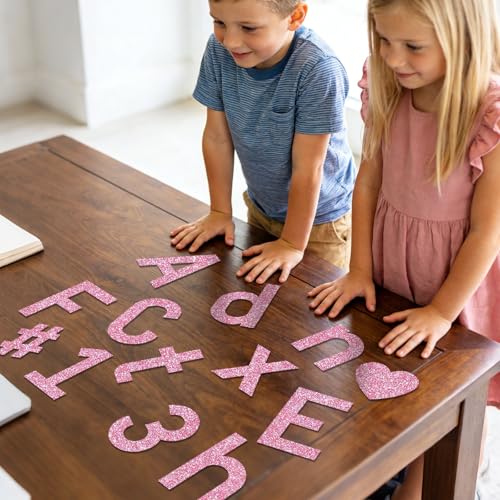 Image of Vuzvuv 295 Pcs Glitter Bulletin Board Letters and Numbers, 4 Inch Classroom Decor with Adhesive Points, Alphabet Cut Outs for School Display (Pink)