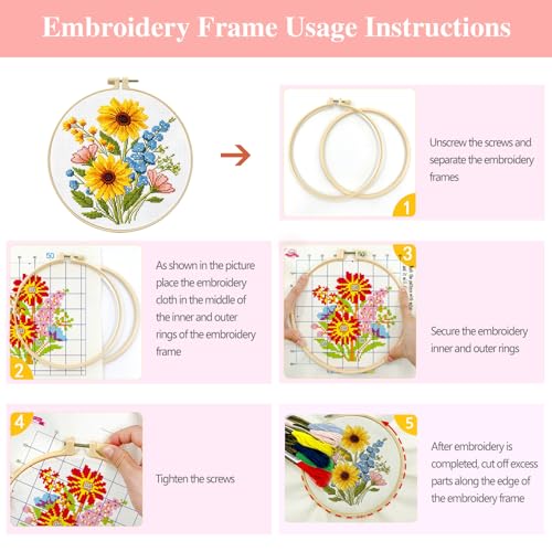 Image of Zhenqing Sunflower Bouquet Cross Stitch Kit for Beginners - Complete Set with Pre-Printed 11CT 24x24cm Fabric, Hoop & Threads(65637)