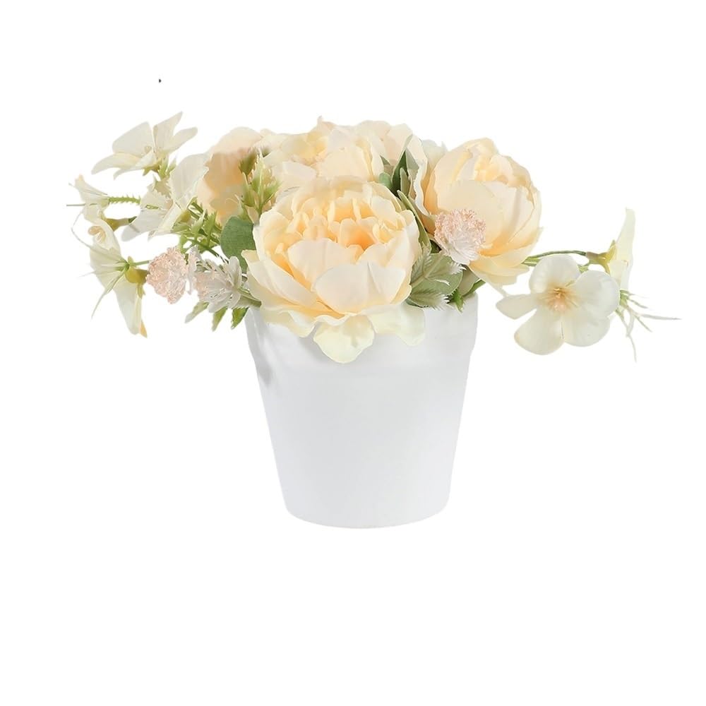 Huffa Yellow Simulated Peony Flower Arrangement - Realistic Plastic Potted Decor For Home And Dining Table, Indoor & Outdoor Use(Yellow)
