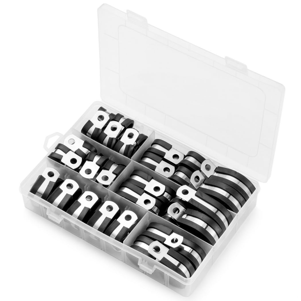 Set di 60 fascette stringicavo in acciaio inox con cuscinetto in gomma, misure assortite da 1/4 a 1, tubo, tubo flessibile e fascette stringicavo