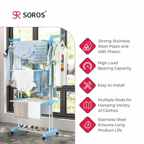 Image of SOROS 3 Layer Clothes Drying Stand Foldable with Wheels (Light Blue)