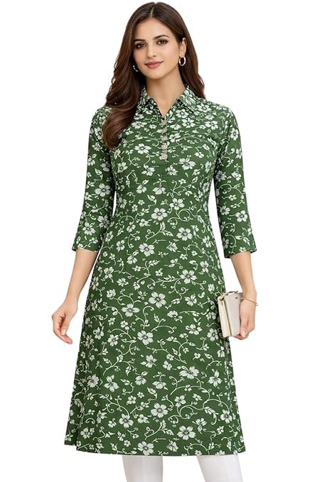 Women's Cotton Printed Straight Kurti Collar Neck 3/4 Sleeves-picture-19