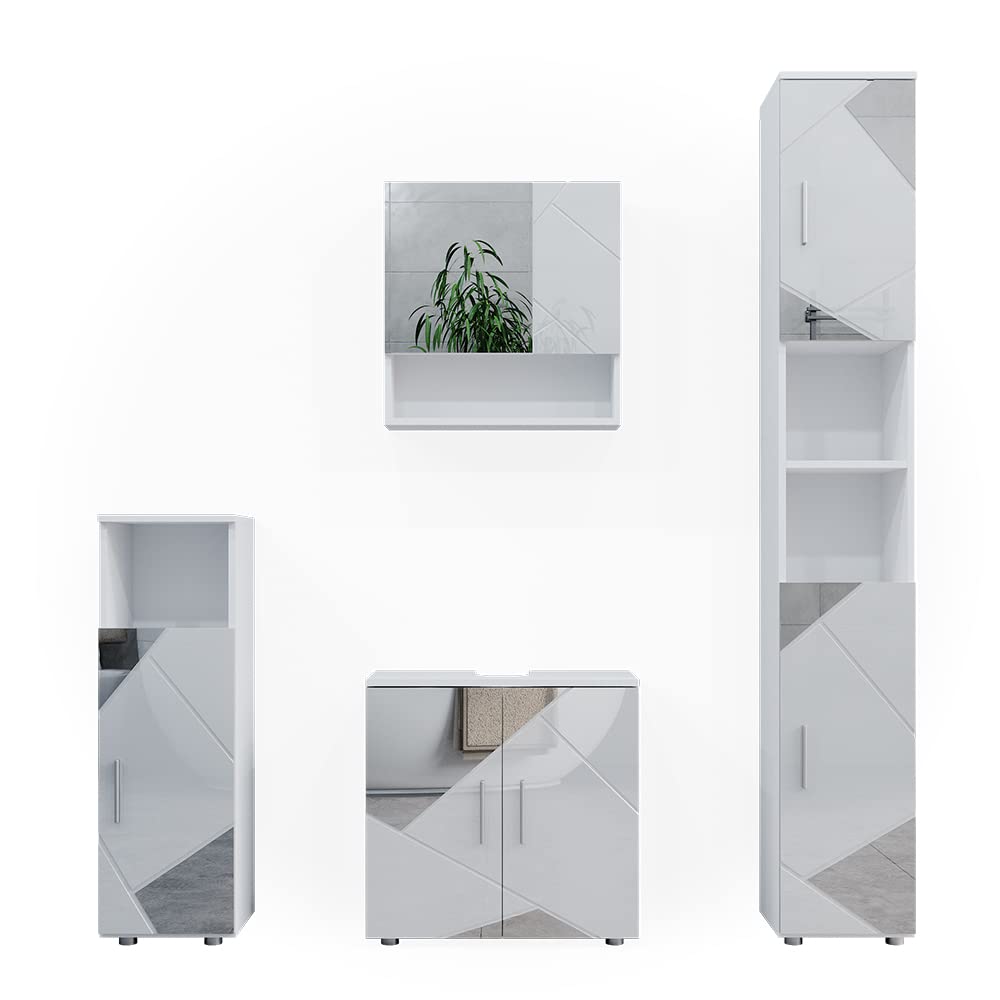 Vicco Set mobili bagno Irma, Bianco lucido con inserti, 80 cm, composto da mobile lavabo, pensile a specchio, colonna e base media
