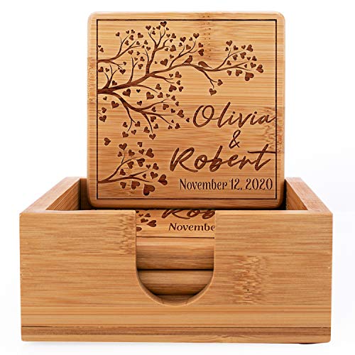 Personalized Coasters For Drinks Set of 4 Laser Engraved Wooden Coaster w Holder  14 Customizable Designs  - House Warming Presents for New Home Custom Bamboo Coasters - Gift for Couples