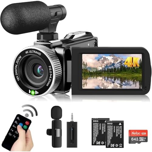 Video Camera Camcorder 4K 48MP 60FPS YouTube Camera with Wireless Lavalier Microphone for Vlogging, Ultra HD 3 Inch Screen 18X Digital Zoom Video Recorder Camera with 64GB SD Card, Remote Control