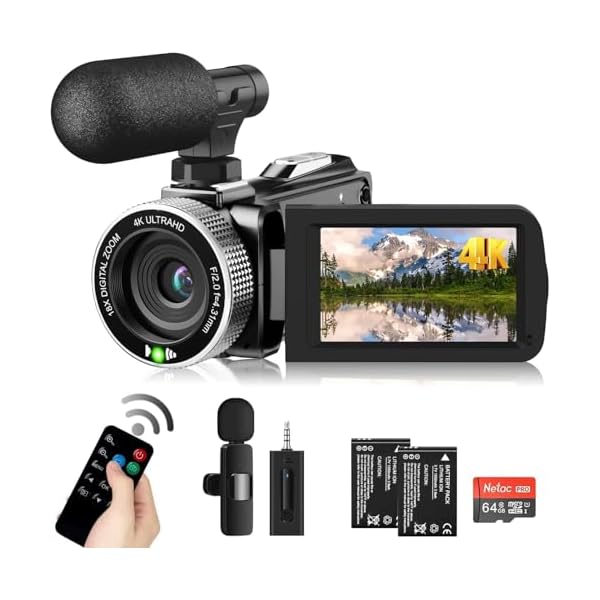 Video Camera Camcorder 4K 48MP 60FPS YouTube Camera with Wireless Lavalier Microphone for Vlogging, Ultra HD 3 Inch Screen 18X Digital Zoom Video Recorder Camera with 64GB SD Card, Remote Control