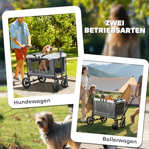 PawHut 2 in 1 Hundewagen Hundebuggy klappbar für Hunde & Katzen bis 30 kg Bollerwagen mit Kissen Netzfenstern 2 Türen Aufbewahrungstasche Katzenwagen Buggy Dunkelgrau