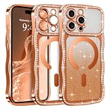 Lafunda 用の iPhone 15 Pro Max ケース キラキラ MagSafe対応 透明&グリッターカード付き ウェーブ クリア スマホケース マグセーフ対応 女性 可愛い グラデーション ダイヤモンド TPU 軽量 耐衝撃 滑り止め 用の アイフォン 15 Pro Max カバー (オレンジ)