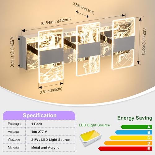 Image of Modern LED Bathroom Light Fixtures Dimmable 3-Light Chrome Vanity Light