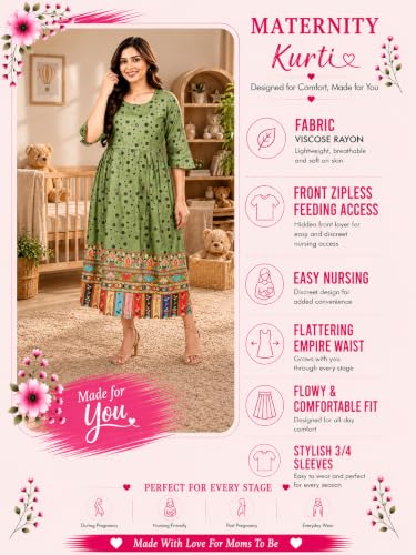 Image of RITIJYA Zipless Feeding Kurta Dress for Women | Maternity Nursing Kurti, No-Zip Easy Access | Extra Pleats Pre to Post Pregnancy | Quick-Dry Fabric | S-4XL