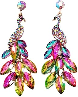 Vintage Peacock Dangle Earrings for Women 14K Gold Plated Green Crystal Feather Peafowl Statement Drop Dangling Stud Earring Boho Exaggerated Birthday Holiday Jewelry Gifts