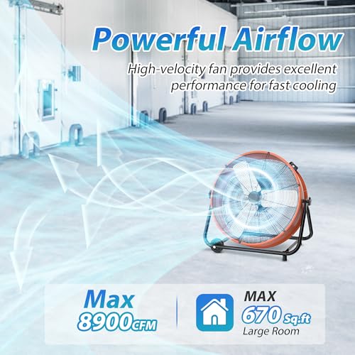 Image of LifePlus 24 Inch Industrial Drum Fan High Velocity Floor Fan 3 Speed, Heavy Duty Metal Air Circulator with Adjustable Tilt & Large Wheel for Warehouse, Garage, Factory, Patio, Barn, Shop, Orange