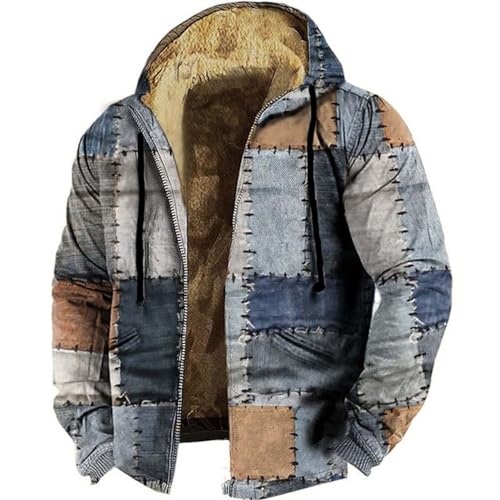 Generisch Chaqueta de forro polar para hombre, con cremallera, con capucha, estampado de patchwork, chaqueta de invierno, sudadera con capucha, sudadera vintage a cuadros, sudadera de forro polar con