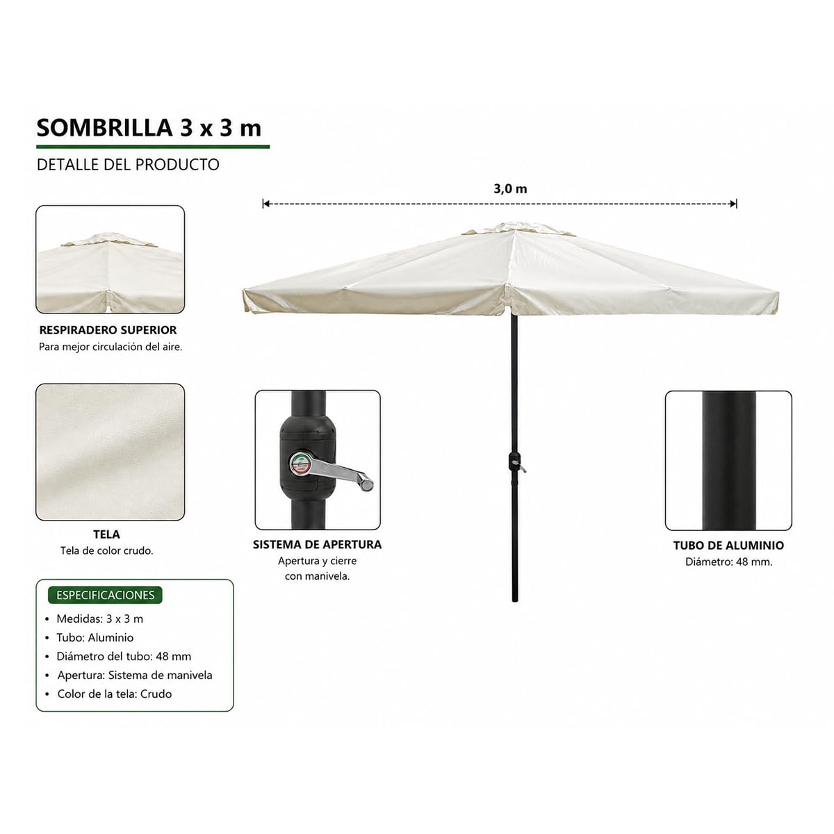 Acomoda Textil - Sombrilla de Jardín 3x3 m con Manivela, Tubo de Aluminio Ø48 mm y Respiradero Superior, Parasol para Terraza, Patio, Piscina y Exterior.