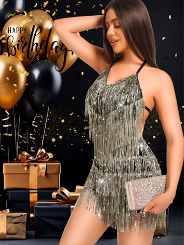 Image of Kaei&Shi Sequin Fringe Romper,Sparkly Glitter Metallic Jumpsuits For Women,Backless Shorts Dress Disco Birthday Dance Outfit