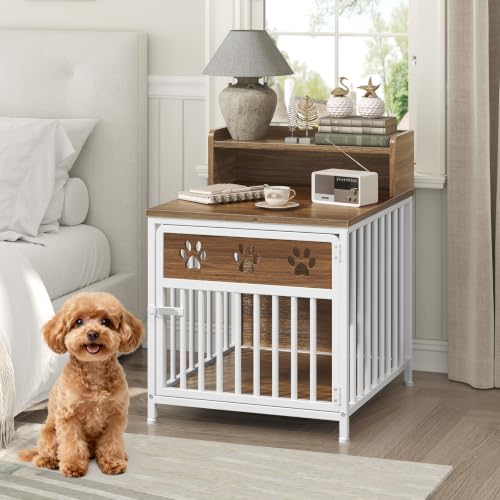 YATINEY Dog Crate Furniture, Wooden Dog Kennel with Storage, Indoor Pet Crate End Table, Two-Tier Small Dogs House, Chew-Proof, for Living Room, Bedroom, White and Walnut DC01WH