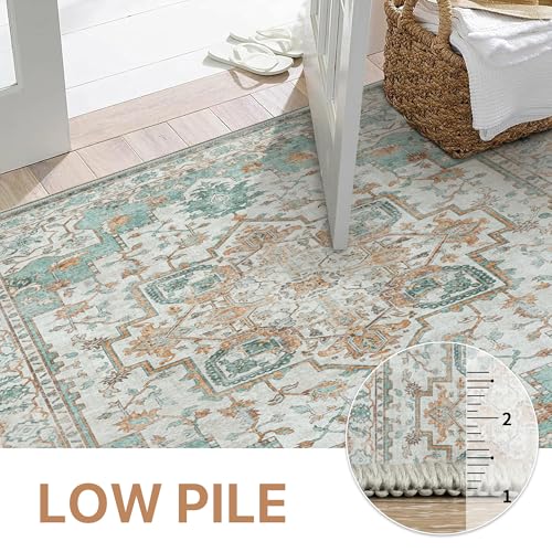 GENIMO 9x12 Area Rugs for Living Room, Machine Washable Non Slip Vintage Rugs, Low Pile Lightweight Chenille Print Rug for Bedroom, Dining Room, Home Office, Cyan