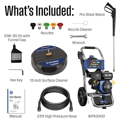 Image of Westinghouse WPX3400SC Gas Pressure Washer with 15-inch Surface Cleaner, 3400 PSI and 2.6 Max GPM, Onboard Soap Tank, Spray Gun and Wand, 5 Nozzle Set, for Cars /Fences /Driveways /Homes /Patios /Furniture
