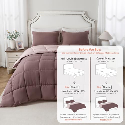 Image of KASENTEX Queen Comforter Set, Reversible,Goose Down Alternative,All Season | 250 GSM Fill, Ultra-Soft, Lightweight, Machine Washable, 1 Comforter + 2 Pillow Shams, Twilight Mauve /Pale Mauve