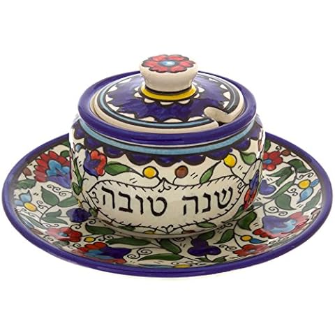 Armenian Ceramic Honey Jar with Plate, Colourful Flowers Design, Blue Cover