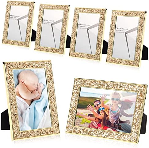 6 Pieces Glitter Diamond Picture Frames 4 x 6 Inch Bling Crystal Glass Photo Frames Gold Metal Rhinestone Picture Frame Set for Wedding Home Tabletop Wall Decor, Horizontal and Vertical Display