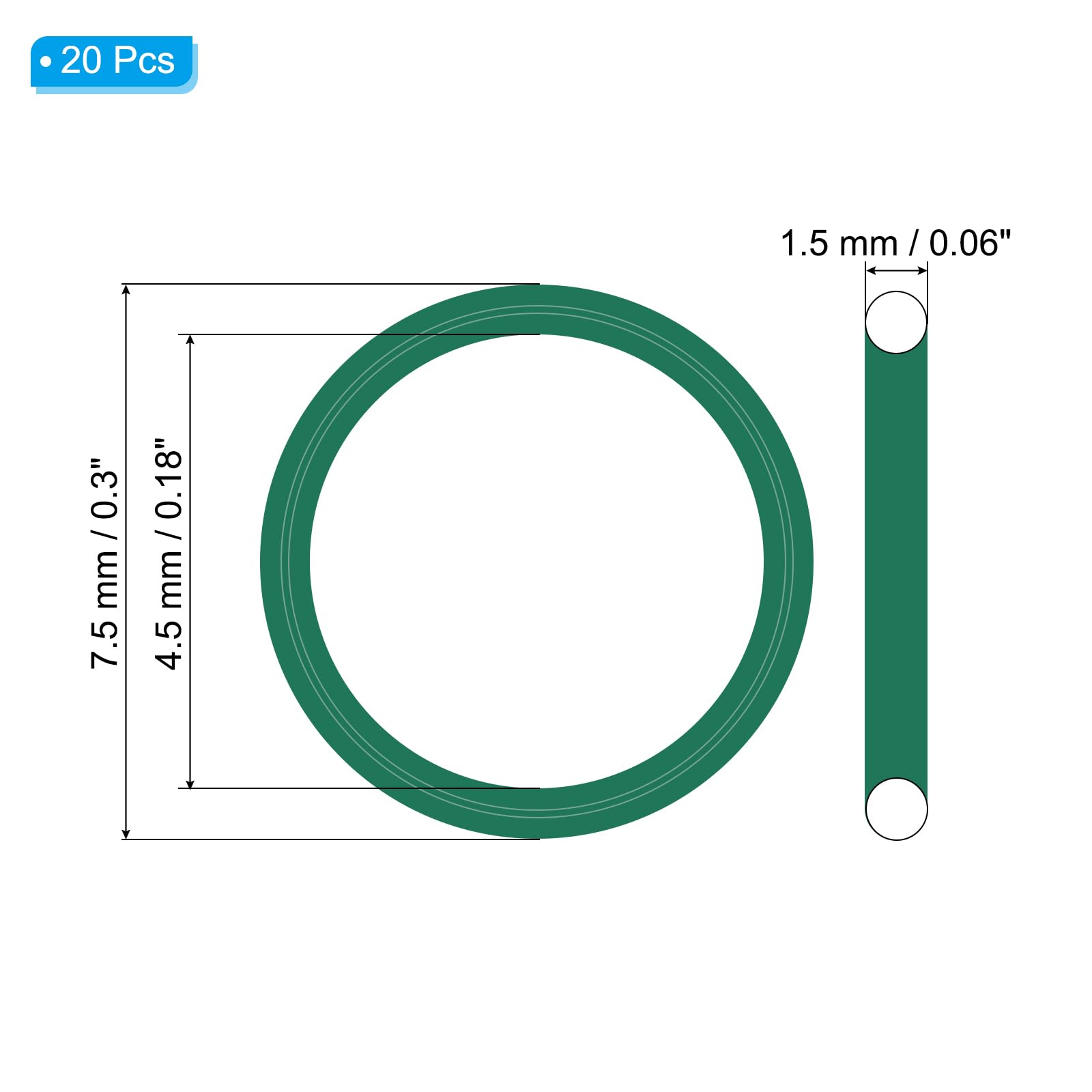 PATIKIL Anello O-Ring Gomma Fluorurata 7,5mm OD x 4,5mm ID x 1,5mm Larghezza, 20pz Sostituzione Guarnizione Tenuta FKM Metrica per Guarnizioni Idrauliche Valvole Tubi Rubinetti, Verde