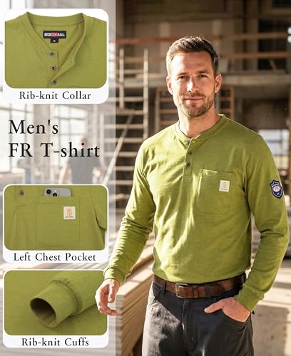 Image of BOCOMAL FR Shirts Flame Resistant Shirt 5.5oz 100% Cotton Light Weight CAT2 Fire Retardant Henley Shirts