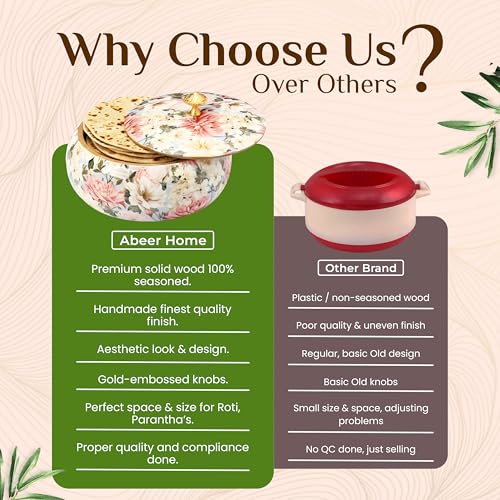 Image of Handcrafted Premium Wooden Roti Casserole - 9 x 9 x 4 Inches | Hot Roti Case & Chapati Box For Kitchen & Dining | Chapati Serving Hotbox Serveware With Gold Embossed Knob