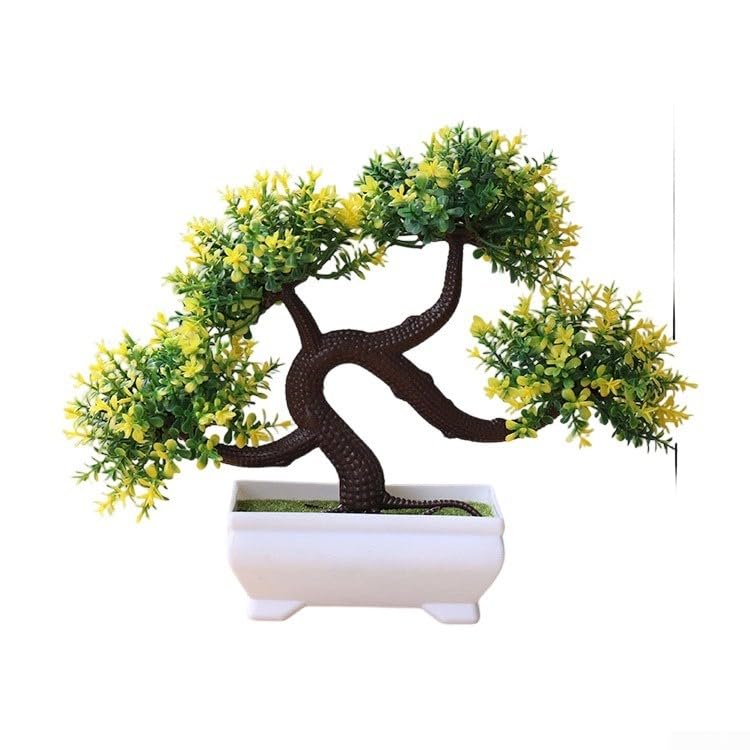 Juego de bolas de césped falsas en maceta y árboles pequeños para decoración de estantes de sala de estar, exhibición de vegetación interior, no necesita mantenimiento (amarillo)