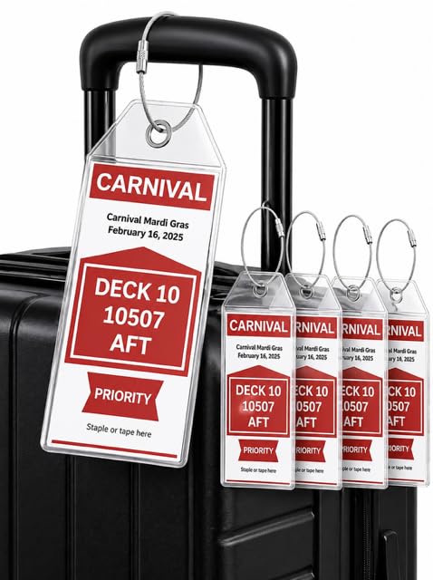 Cruise Ship Luggage Tag Holders (4 Pack) fits Carnival Cruise Line Tags Clear Waterproof PVC with Steel Loop Fasteners. Cruise Essentials 2026-2027. Must Have Luggage Item