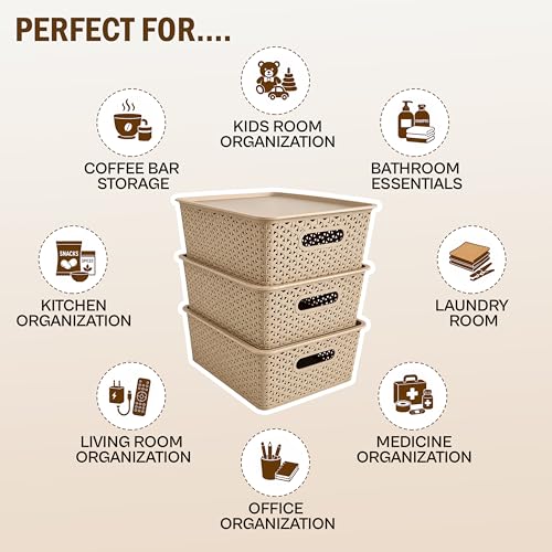 Image of JD Fresh Pack of 3 Premium Plastic Storage Basket with Lid /Smooth Handle Design&Stackable Storage Organizer /Durable Kitchen Storage Basket for Clothes, Vegetables, Fruits, Toys and Stationery(Biscuit)