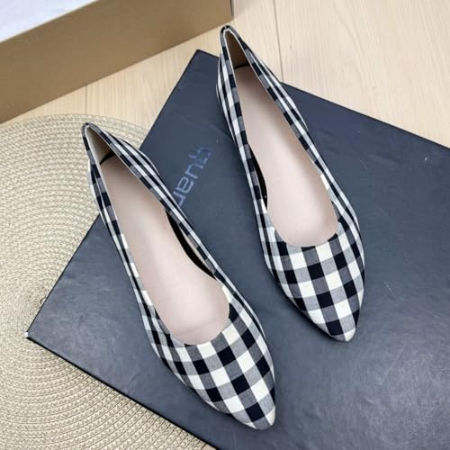 WENJIAZHIZHI Women's Checkered Pointy Toe Ballet Flats Comfortable Flat Shoes Elegant Female Slip-Ons2