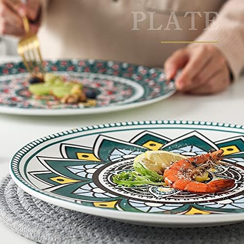 Ceramiczny talerz obiadowy, płaska okrągła taca na amerykańskie dim sum i stek, zastawa stołowa w stylu boho do domowej jadalni, nadaje się do zachodniej żywności