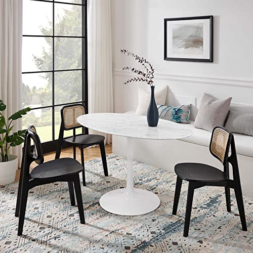 Image of Modway Lippa 54 inch Oval-Shaped Mid-Century Modern Dining Table with Artificial Marble Top and White Base