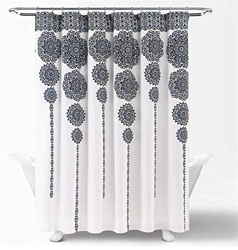 Lush Decor Cortina de Ducha con diseño de Mandala Bohemio y Damasco a Rayas, 182 x 182 cm, Azul Marino