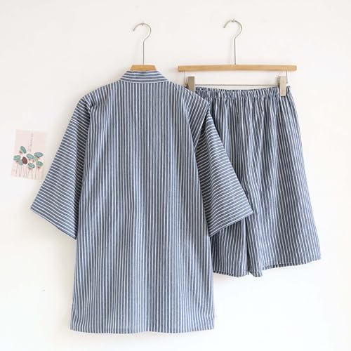 Classical Traditional Japanese Style Pajamas, Stylish Cotton Bathrobe Kimono Pajamas Casual Clothes for Men and Women, Blue Stripe3