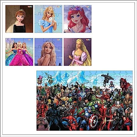 TodFod Combo Jigsaw Puzzle Set for Kids – Wooden Barbie Girls 6-in-1 Puzzle with 54 Pieces & Marvel Avengers Panorama Puzzle with 160 Pieces – Educational Toy for Children Age 5+ Years