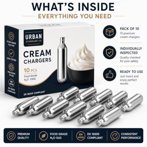 Image of 8g N2O Cream Chargers for Whipping Cream - Pack of 10 | Food-Grade Nitrous Oxide Cartridges | Leak-Proof Steel Chargers Compatible with All Cream Whippers | For Desserts, Coffee & Bakery Use